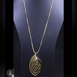Vintage TRIFARI Goldtone Abstract Leaf Pendant 3"L Necklace & Snake Chain 36"L